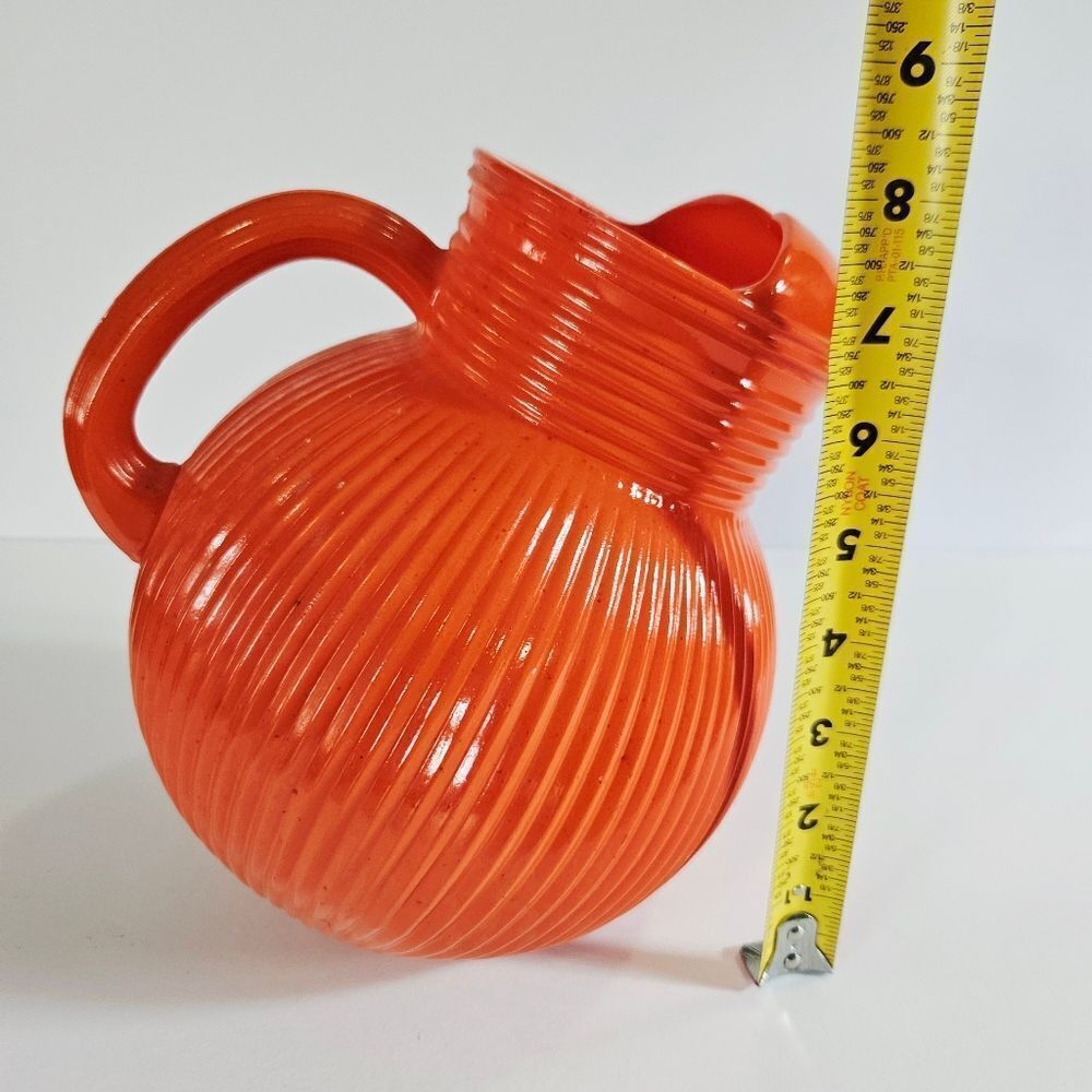 Vintage Hazel Atlas 40s-50s Fine Rib Orange Baked Glaze MCM Tilt Ball Pitcher - Picture 9 of 10